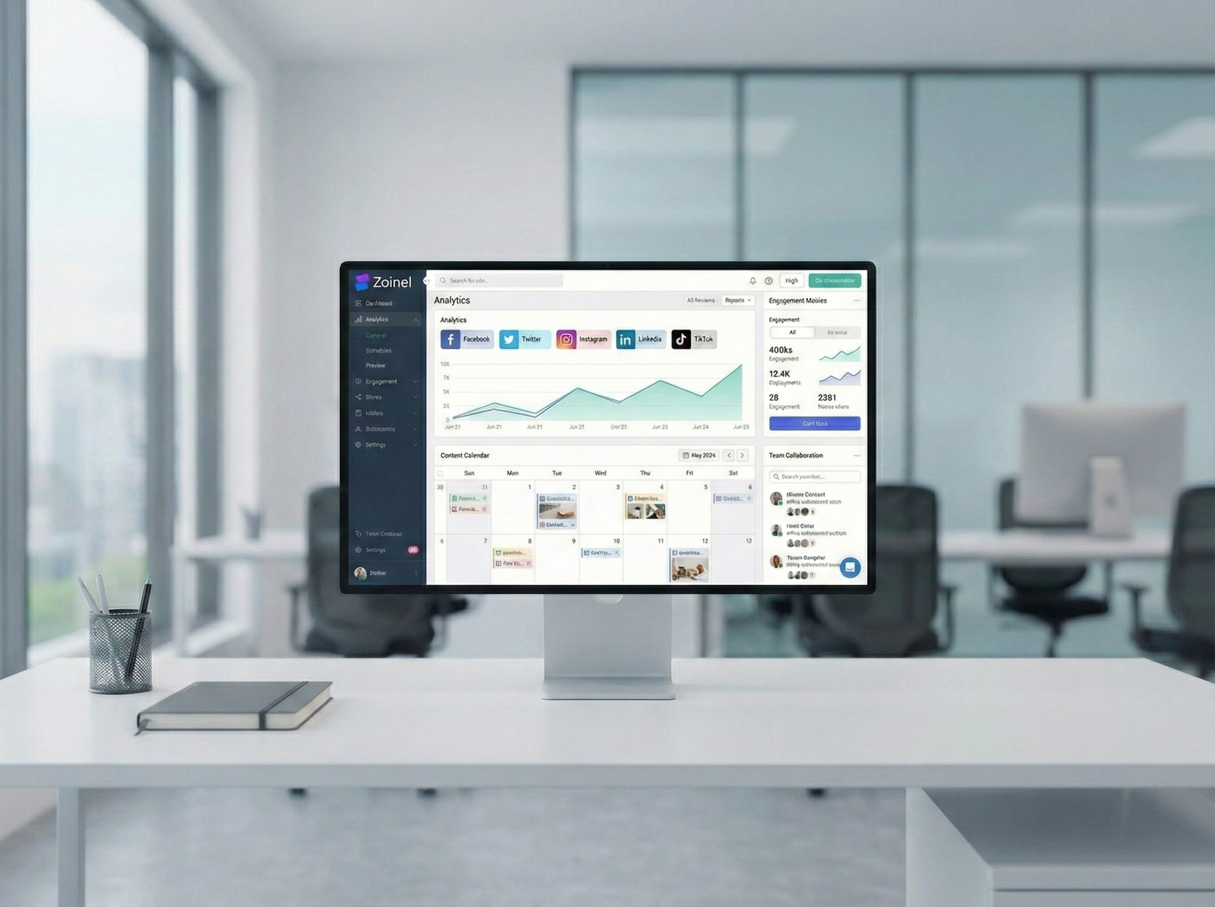 Zoinel application dashboard showing social media management interface